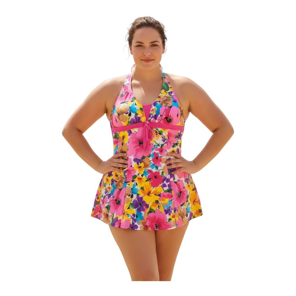 NWT Wantdo Floral Swimsuit Dress 3X 22W-24W One Piece Tie Front Pink Vacation